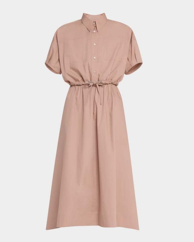 Fit-Flare Drawcord Poplin Asymmetric Midi Shirtdress